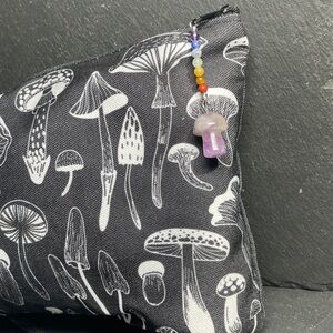 REDUCED Artisan Mushroom Print Zip Pouch Makeup Bag with Amethyst Mushroom Charm